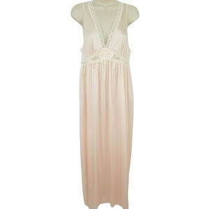Vtg Lorraine Nightgown Medium Peach Lace Trim Maxi V-Neck Satin Negligee Sexy